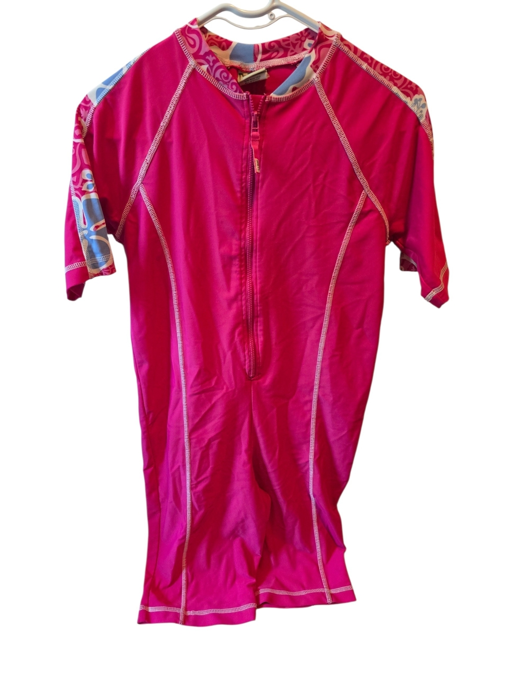 LL Bean Children's One Piece Rash Guard Swimsuit - Pink And Floral Size L
